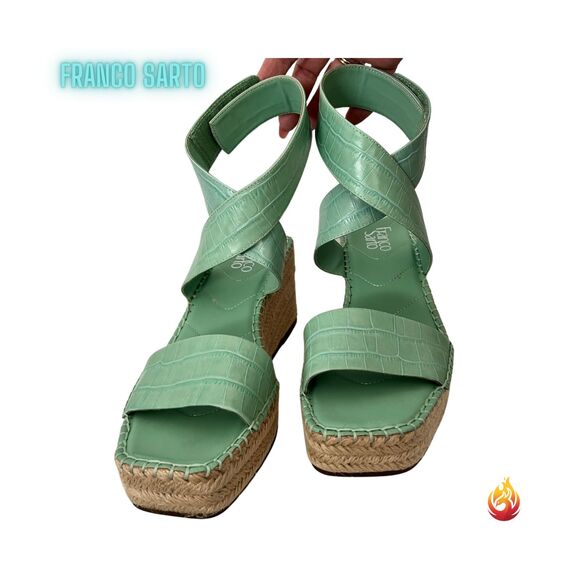 Franco Sarto Mint Green Crocodile Embossed Espadrille Wedges Ankle Strap - Picture 2 of 8
